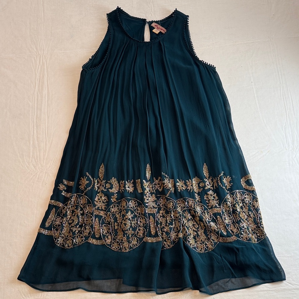 Not So Serious Womens's Teal Sleeveless Dress Gold Beading Accents Size 6